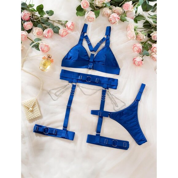 Women Blue Naughty 5 Pieces Lace Garter Belt Bodydoll Lingerie Set With Chain - Picture 4 of 8